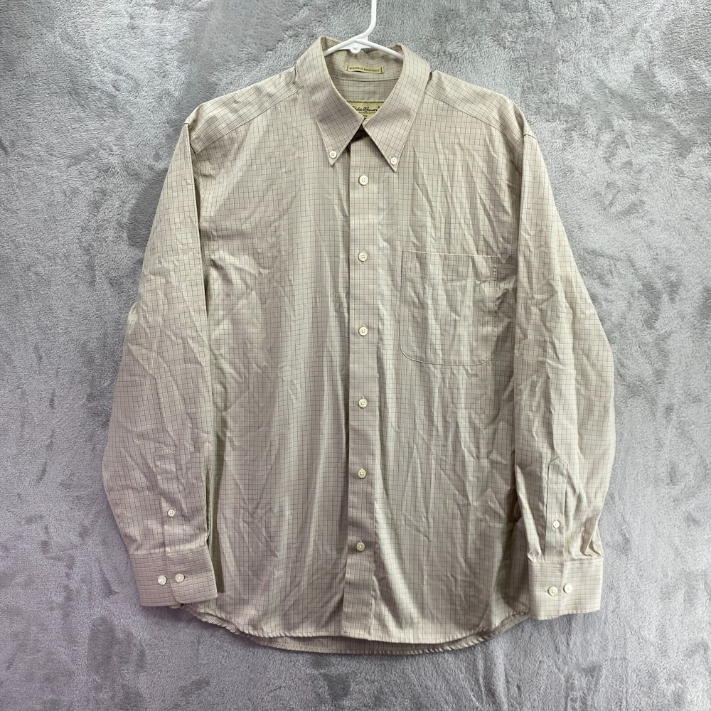 Eddie Bauer Mens Medium Tan Windowpane Plaid Button Down Long Sleeve Shirt EUC
